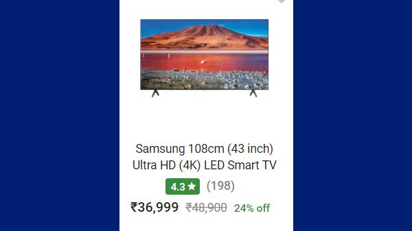 24 ശതമാനം കിഴിവിൽ സാംസങ് 108cm (43 ഇഞ്ച്) അൾട്രാ എച്ച്ഡി (4 കെ) എൽഇഡി സ്മാർട്ട് ടിവി