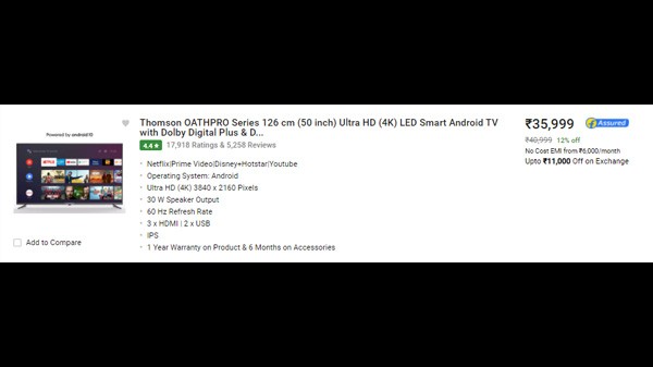 തോംസൺ ഓത്ത്പ്രോ സീരീസ്  50 ഇഞ്ച് അൾട്രാ എച്ച്ഡി (4 കെ) എൽഇഡി സ്മാർട്ട് ആൻഡ്രോയിഡ് ടിവി