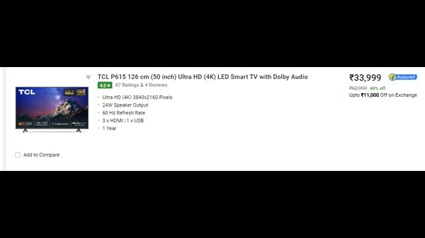 ടിസിഎൽ പി615 (50 ഇഞ്ച്) അൾട്രാ എച്ച്ഡി (4കെ) എൽഇഡി സ്മാർട്ട് ടിവി, ഡോൾബി ഓഡിയോ
