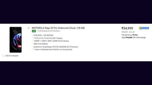 മോട്ടറോള എഡ്ജ് 20 പ്രോ (ഇറിഡെസന്റ് ക്ലൌഡ്, 128 ജിബി റോം, (8 ജിബി റാം)