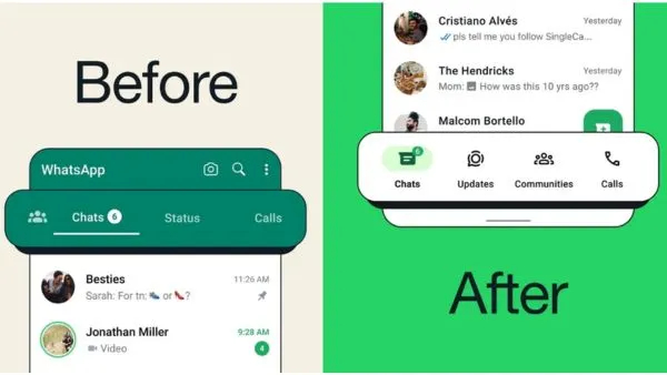 അടിമുടി മാറ്റവുമായി വാട്സ്ആപ്പ്; പുതിയ അപ്ഡേറ്റിൽ നാവി​ഗേഷൻ ബാർ താഴെ