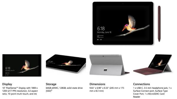 மைக்ரோசாப்ட் சர்பேஸ் கோ விபரக்குறிப்பு: 