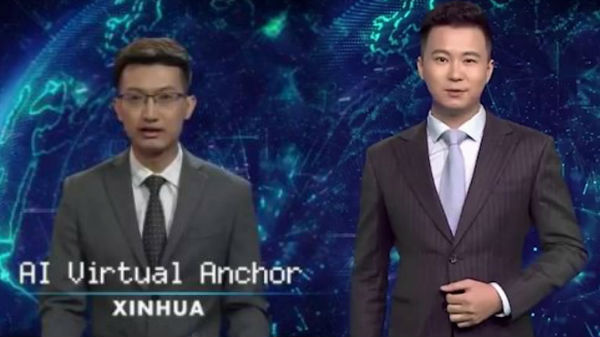 இரண்டு ஆண் ஏ.ஐ செய்தியாளர் ரோபோட்கள் 