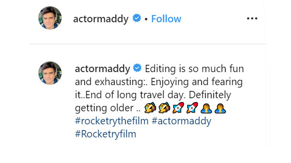 பதிவில் மாதவன் போஸ்ட் செய்திருந்த தகவல் 