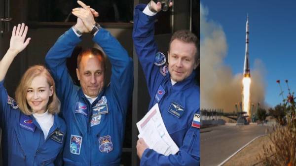 சோயூஸ் விண்கலம் மூலம் விண்வெளிக்கு பறந்த படக்குழுவினர்