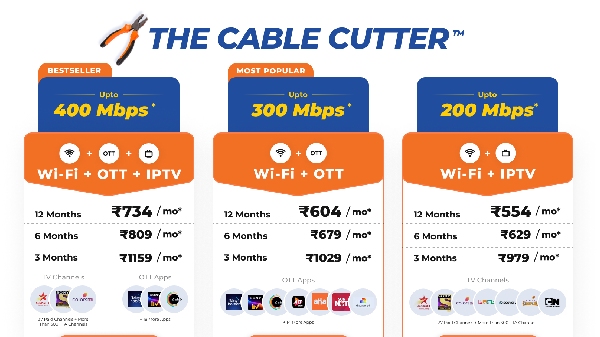 கேபிள் TV-ஐ கட் பண்ணிடுங்க.. 550+ சேனல்கள், 21 OTT, 400Mbps ஸ்பீட்! கேபிள் TV-ஐ கட் பண்ணிடுங்க.. 550+ சேனல்கள், 21 OTT, 400Mbps ஸ்பீட்!