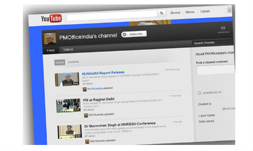 Prime Minister Manmohan Singhs office now on Youtube at PMOfficeIndia