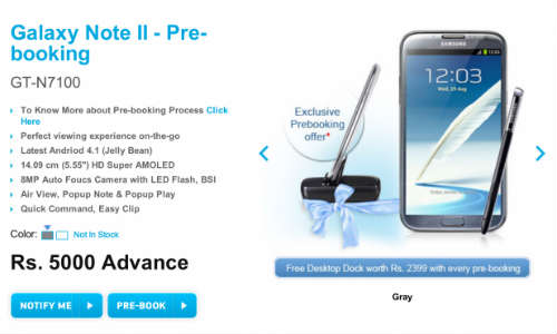 Samsung begins pre-orders for Galaxy Note II in India for Rs 5,000