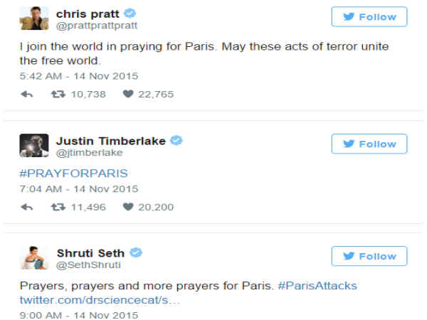 పారిస్ ఉగ్ర దాడిపై ట్విట్టర్‌లో తారల స్పందన 