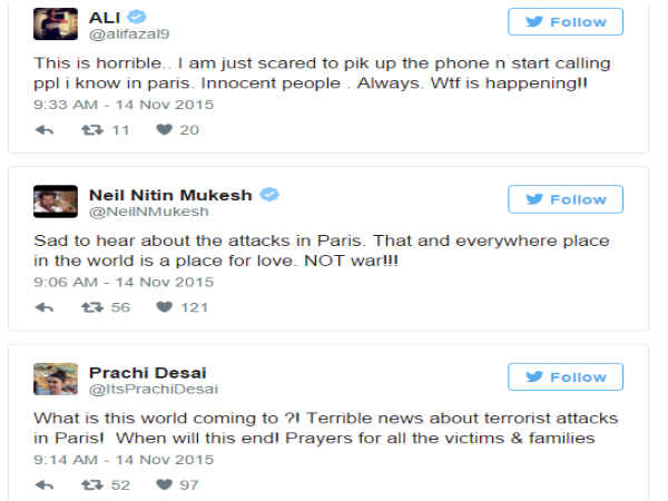 పారిస్ ఉగ్ర దాడిపై ట్విట్టర్‌లో తారల స్పందన 