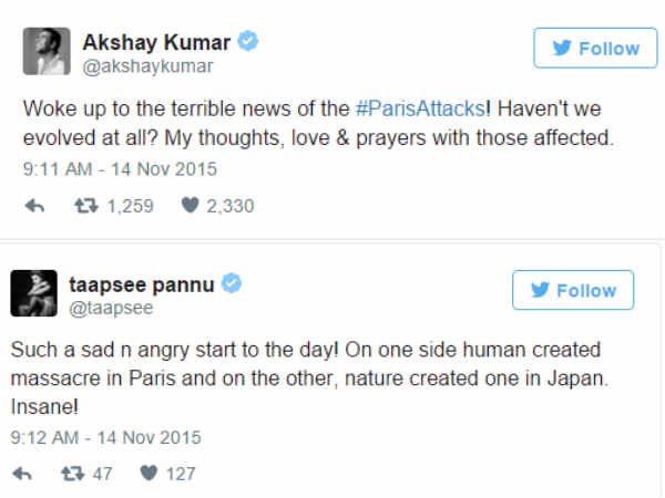 పారిస్ ఉగ్ర దాడిపై ట్విట్టర్‌లో తారల స్పందన 