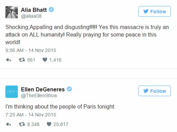 పారిస్ ఉగ్ర దాడిపై ట్విట్టర్‌లో తారల స్పందన 