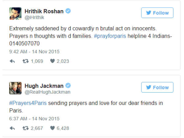 పారిస్ ఉగ్ర దాడిపై ట్విట్టర్‌లో తారల స్పందన 