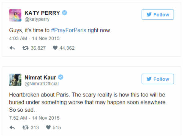 పారిస్ ఉగ్ర దాడిపై ట్విట్టర్‌లో తారల స్పందన 