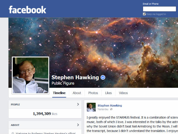 స్టీఫెన్ హాకింగ్ సోషల్ మీడియా ఫేస్‌బుక్ అకౌంట్ ఓపెన్ చేయగానే 