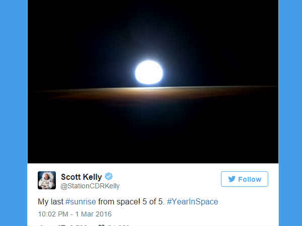 భూమి మీదకు వస్తూ స్కాట్ కెల్లీ అంతరిక్షంనుంచి సూర్యోదయాన్ని