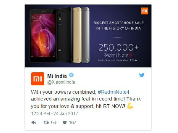 రెడ్మీ నోట్ 4 రికార్డ్ సేల్, 10 నిమిషాల్లో 2,50,000 ఫోన్‌లు
