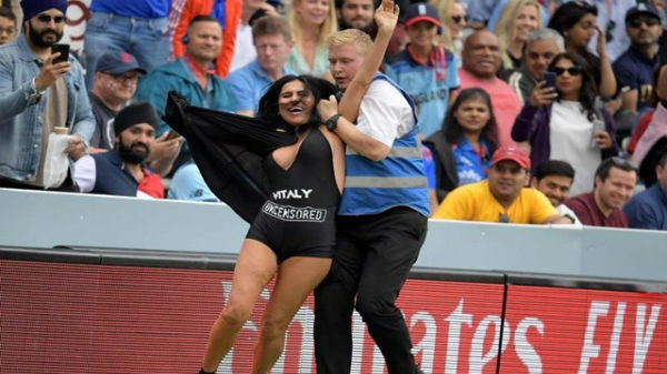 Female streaker promoting an adult website tries to invade pitch during the World Cup 2019 final 