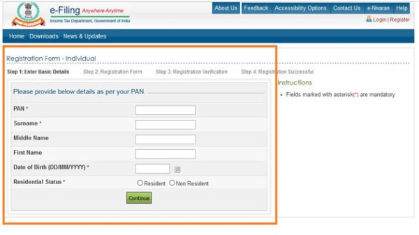 ఆదాయపు పన్ను పోర్టల్‌లో నమోదు చేసుకోవటం: