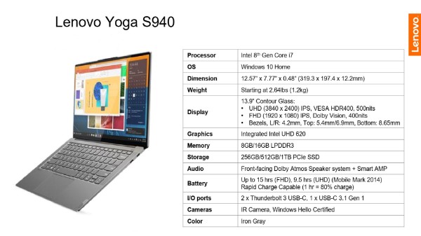 లెనోవా యోగా S940 స్పెసిఫికేషన్స్: