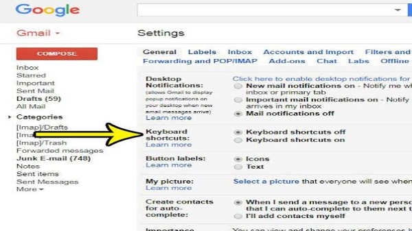 Gmail లో కీబోర్డ్ ద్వారా సత్వరమార్గాలను యాక్టీవ్ చేయడానికి దశలు