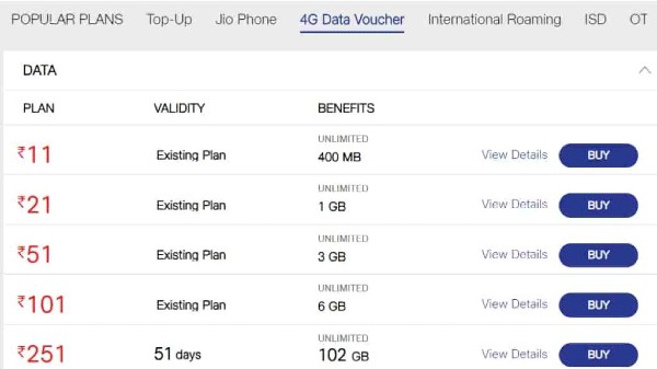జియో  4G డేటా వోచర్లు