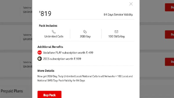 వోడాఫోన్ రూ .819 ప్రీపెయిడ్ ప్లాన్ ప్రయోజనాలు 
