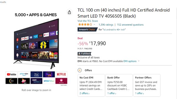 Huge Discount Offer Upto 56% On TCL 40 Inch Android Smart Tv, Check Offer Price Details Here.